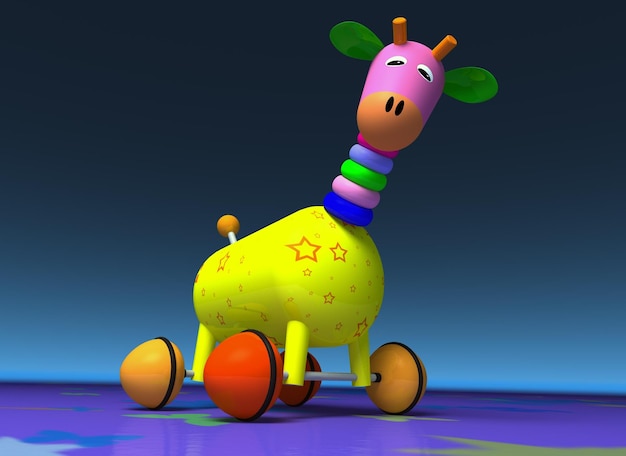 een kleurrijke koe rijdt op een speelgoed met een groene en gele koe erop