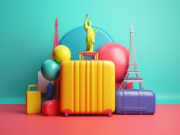 Een kleurrijke koffer met een vrijheidsbeeld erop.