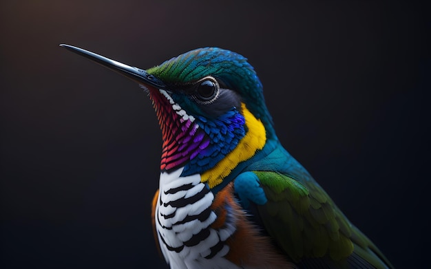 Een kleurrijke kolibrie met een donkere achtergrond