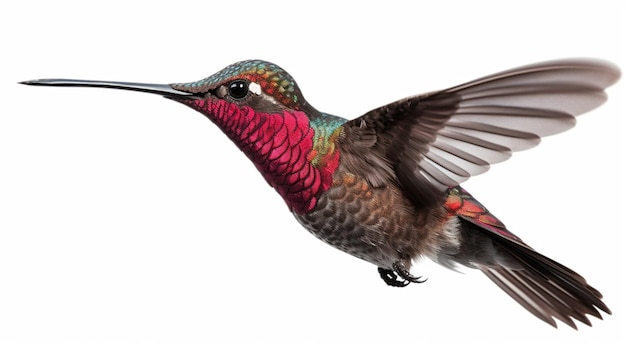 Een kleurrijke kolibrie met een witte achtergrond.