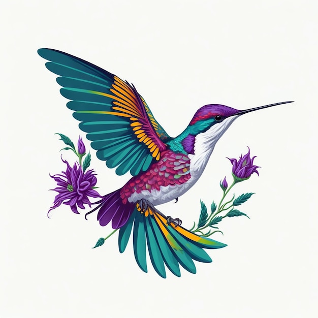 Een kleurrijke kolibrie met paarse bloemen op de rug.