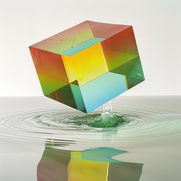 een kleurrijke kubus die in het water drijft met het woord erop