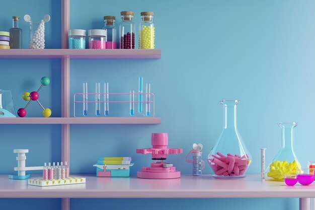 Foto een kleurrijke laboratoriumtafel met veel glazen bekers en flessen, waaronder een roze
