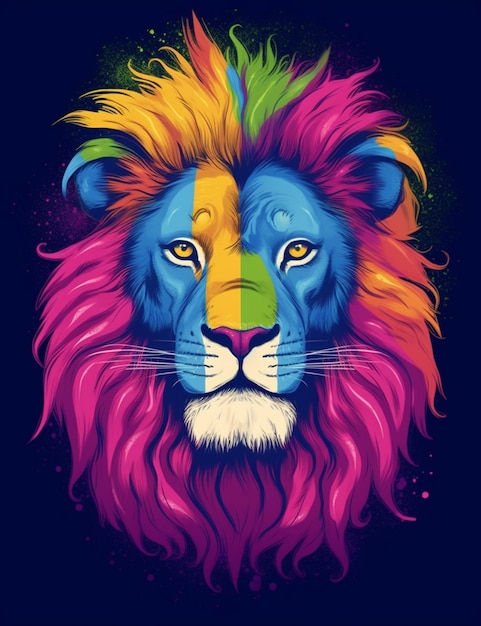 Een kleurrijke leeuw met een regenboogmanen op een zwarte achtergrond generatieve ai