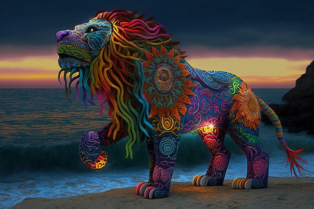 Een kleurrijke leeuw met regenboogmanen op zijn kop staat op een strand.