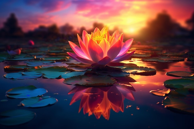 Een kleurrijke lotusbloem zit op een vijver met een zon