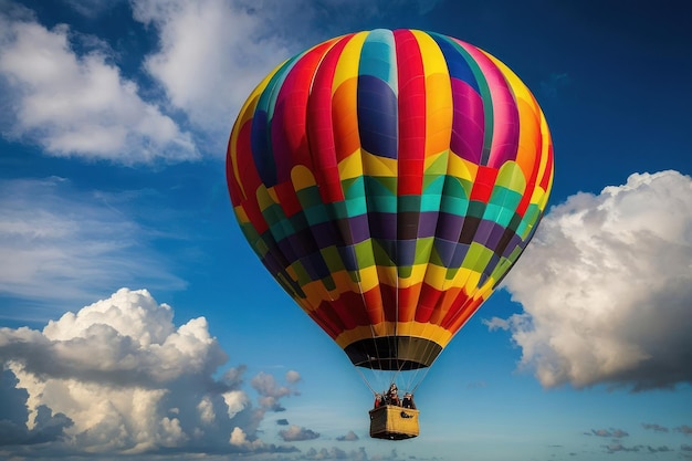 Een kleurrijke luchtballon die boven de wolken drijft.