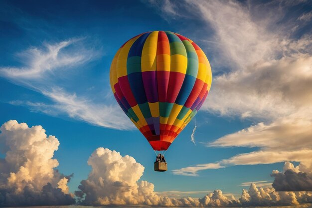 Een kleurrijke luchtballon die boven de wolken drijft.