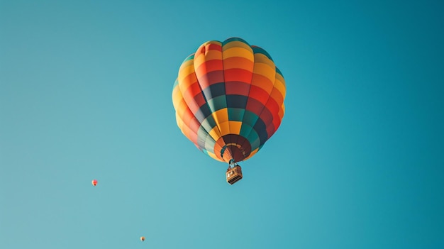 een kleurrijke luchtballon die door een blauwe hemel vliegt