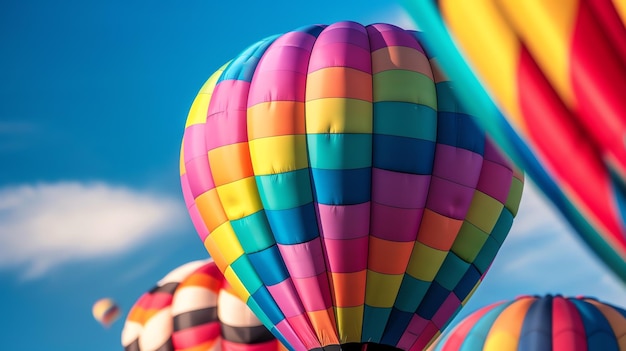 Een kleurrijke luchtballon vult het frame terwijl hij door een heldere blauwe hemel drijft