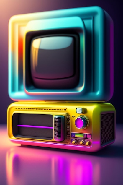 Een kleurrijke magnetron met een tv erop