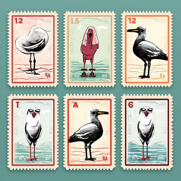 Foto een kleurrijke meeuwvogel met een surfpak die een surfplank vasthoudt en een idee voor een we animal stamp-collectie