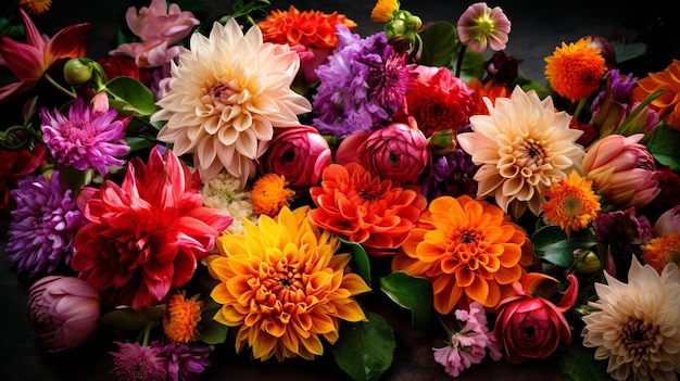 Een kleurrijke mix van tulpendahlia's en andere door AI gegenereerde lentebloemen