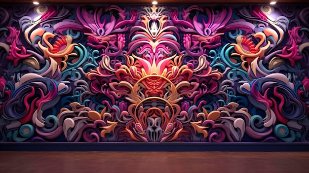 een kleurrijke muur met een kleurrijk ontwerp erop