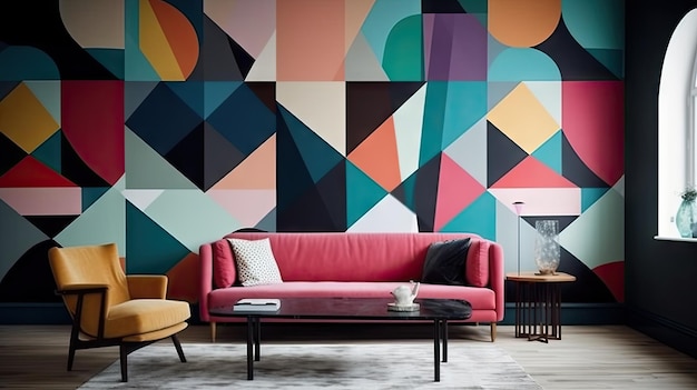 een kleurrijke muur met geometrische vormen is een opvallend kenmerk van de woonkamer.