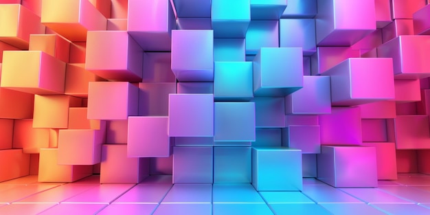 Een kleurrijke muur van kubussen met een blauwe en roze achtergrond