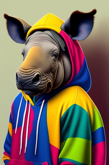 Een kleurrijke neushoorn met een hoodie die zegt 'ik ben een neushoorn'