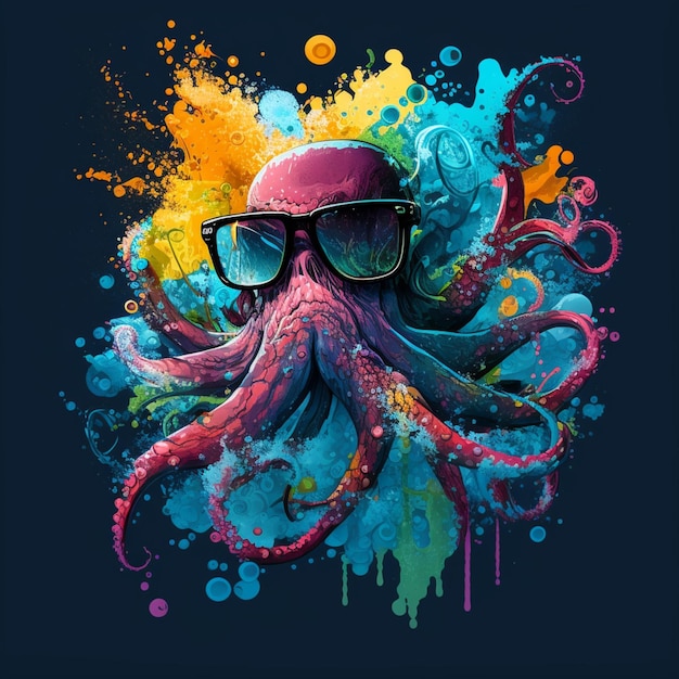Een kleurrijke octopus met een zonnebril erop