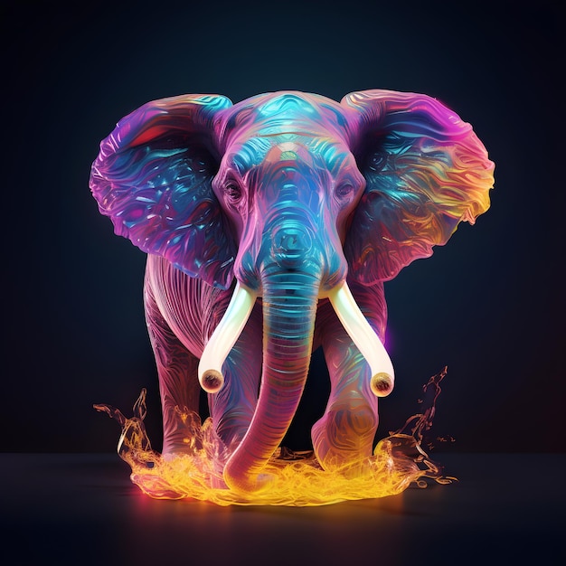 Een kleurrijke olifant met witte slagtanden wordt getoond in een grafische stijl.
