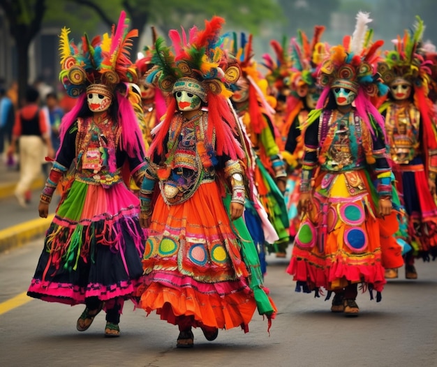 Een kleurrijke optocht van dansers in traditioneel