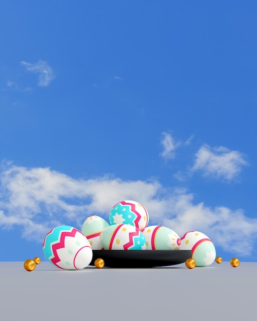 Een kleurrijke paaseieren op blauwe hemelachtergrond Happy Easter day concept 3D illustratie