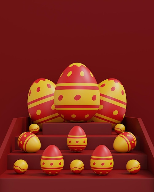 Een kleurrijke paaseieren op rode achtergrond Happy Easter day concept 3D illustratie