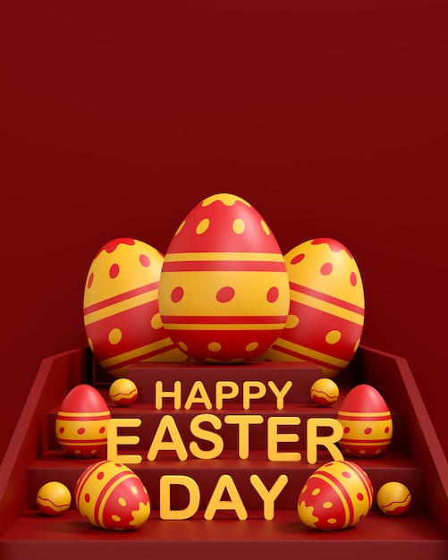 Een kleurrijke paaseieren op rode achtergrond Happy Easter day concept 3D illustratie