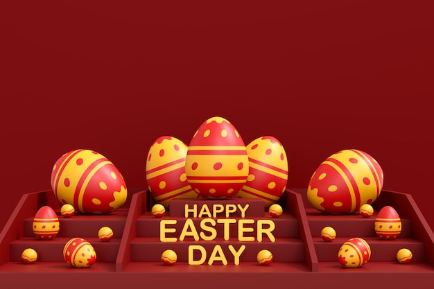 Een kleurrijke paaseieren op rode achtergrond Happy Easter day concept 3D illustratie