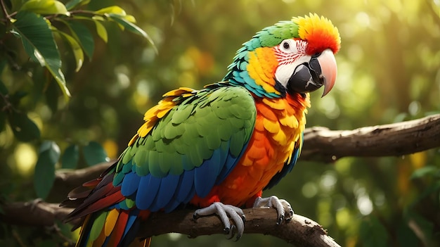 Een kleurrijke papegaai die boven op een boomtak zat, produceerde ai
