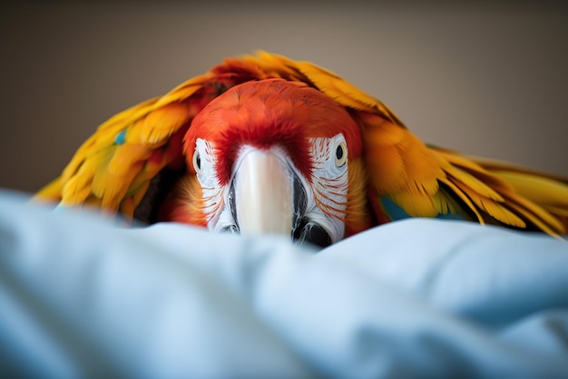 Een kleurrijke papegaai ligt op een blauw laken.