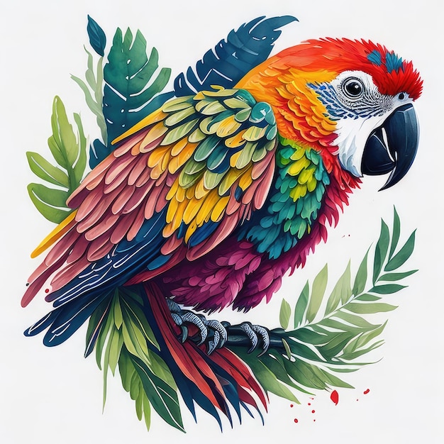 Een kleurrijke papegaai met een groen blad erop.