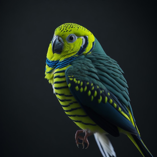 Een kleurrijke papegaai met een zwarte en groene snavel zit