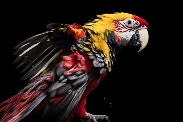 Een kleurrijke papegaai met rode en gele veren zit op een zwarte achtergrond.