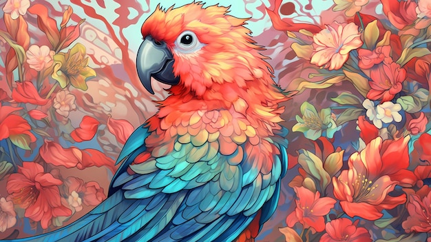 Een kleurrijke papegaai zit in een tuin met een kleurrijke achtergrond.