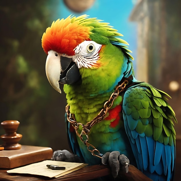 Een kleurrijke papegaai zit op een houten kist ai gegenereerd