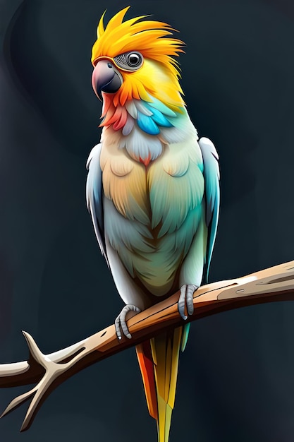 Een kleurrijke papegaai zit op een tak met een zwarte achtergrond.