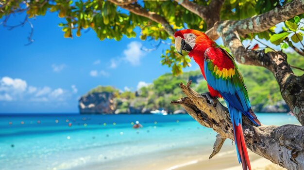 Een kleurrijke papegaai zit op een tak van een boom met een prachtig tropisch strand en een heldere lucht