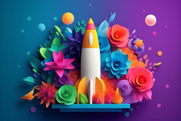 Een kleurrijke papieren raket met een bloem erop.