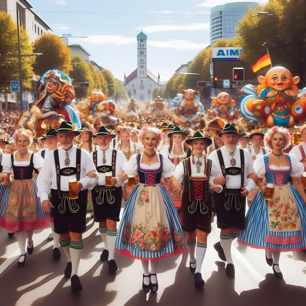 Foto een kleurrijke parade maakte zijn weg door de straten van münchen duitsland op een zonnige ochtend schoppen o