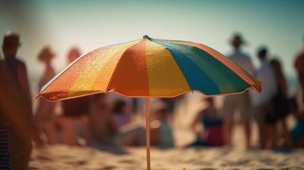 Een kleurrijke paraplu ligt in het zand.