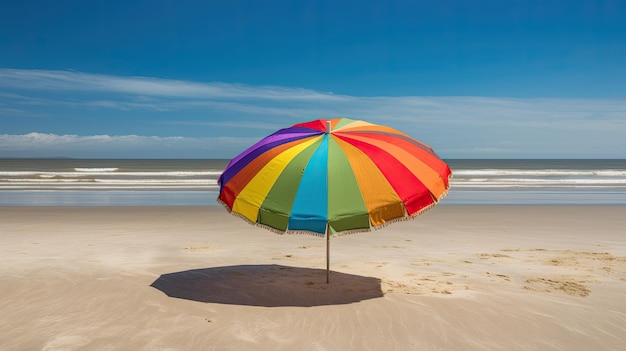 Een kleurrijke parasol op een zandstrand