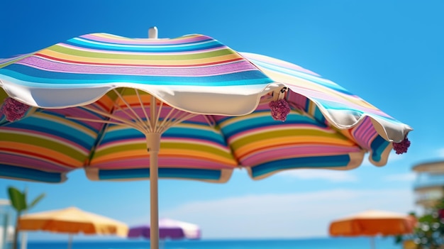 Een kleurrijke parasol staat op een zonnige dag.