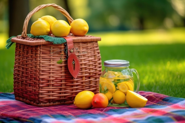 Een kleurrijke picknick mand met citroenen en een limonade pot uitkijken gemaakt met generatieve ai