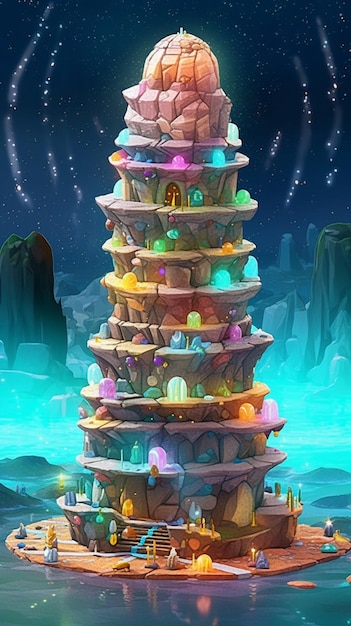 Foto een kleurrijke piramide met veel kleurrijke eieren erop.