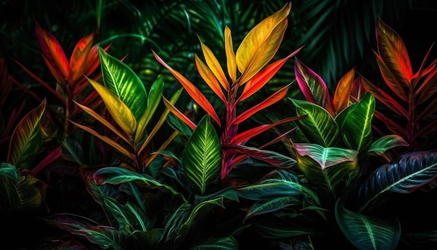 Een kleurrijke plant met groene bladeren in het donker