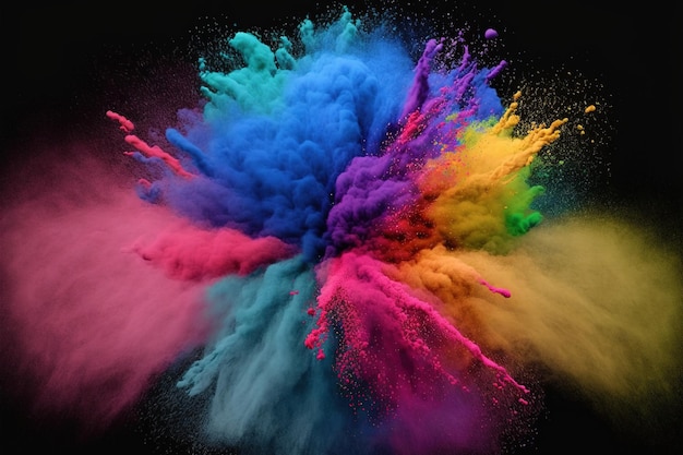 Een kleurrijke poederexplosie op een zwarte achtergrond