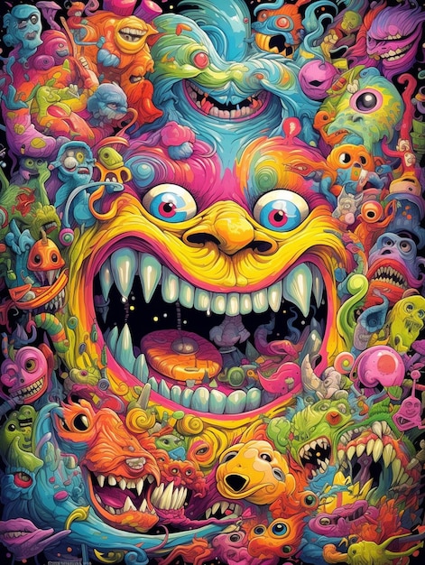 Een kleurrijke poster met de tekst 'het monster' erop