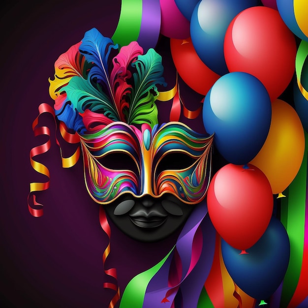 Een kleurrijke poster met een masker en ballonnen erop.