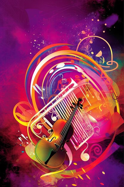 Een kleurrijke poster met een viool erop.