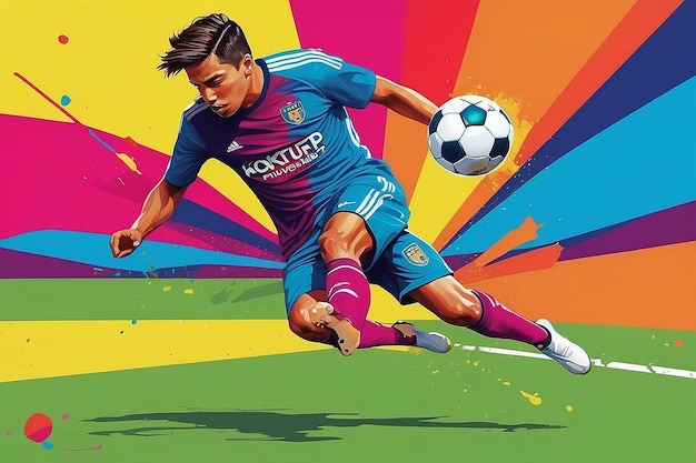 Een kleurrijke poster met een voetballer die een bal schopt